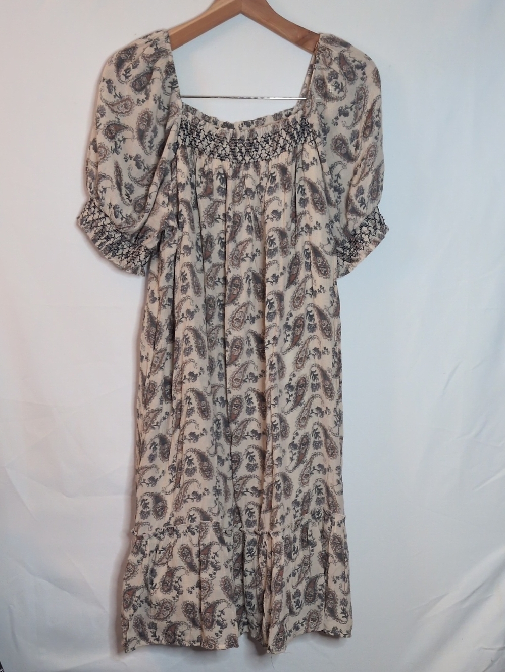 Boho Cream Paisley Smock Maxi Dress Large